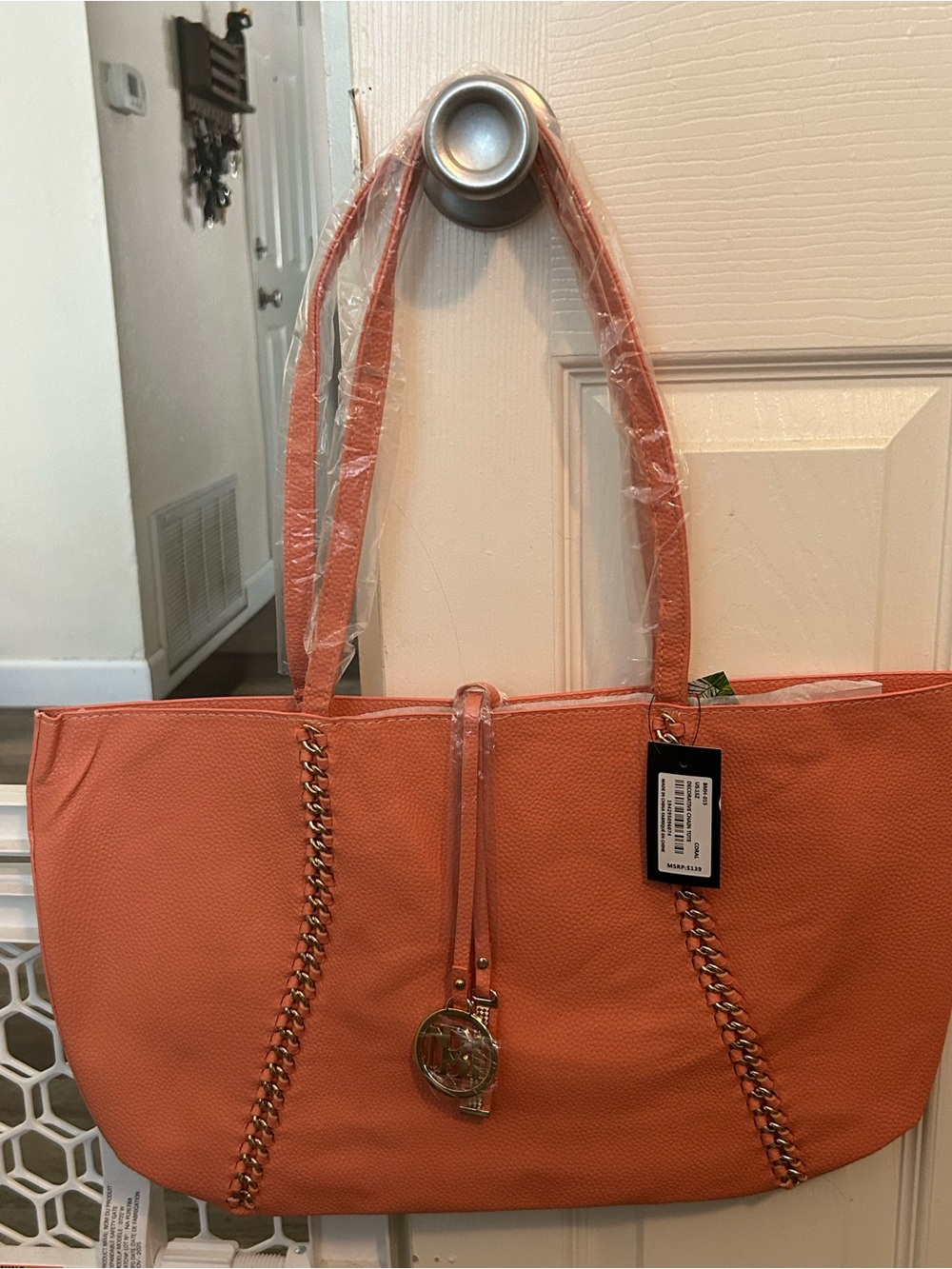 Badgley Mishka Women's Coral Chain-Trim Tote Bag NWT